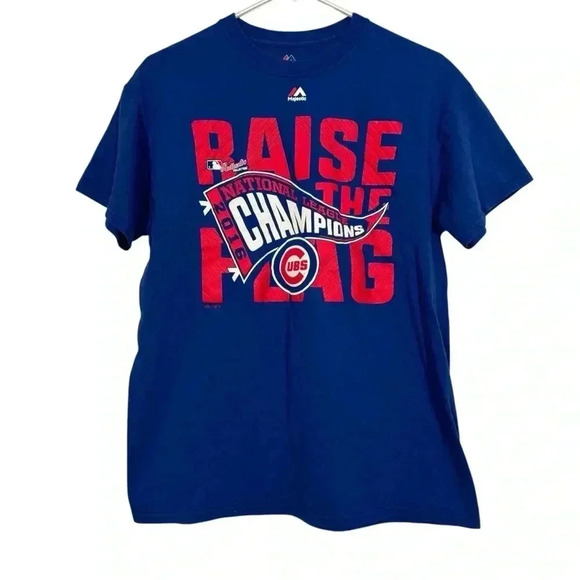 MAJESTIC Mens Chicago Cubs 2016 NL Champs Medium Raise The Flag Baseball T-Shirt - Picture 1 of 9